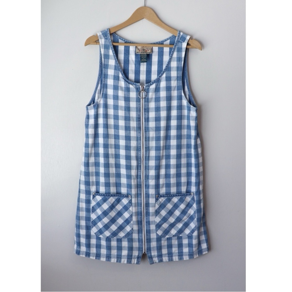 Vintage Cotton Denim Checkered Plaid Front Zip Jumper Dress Medium